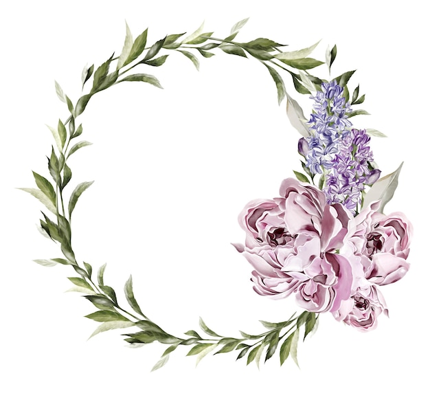 XAPeony e ghirlanda di iris foglie verdi Acquerello floreale per partecipazioni di matrimonio