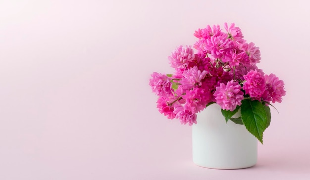 XDxAP Fiori rosa in una tazza su uno striscione con sfondo rosa