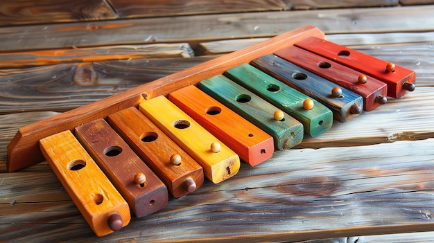 Xilofono di legno colorato su un tavolo di legno Lo xilofono è fatto di 8 barre di legno Colorate ciascuna con una nota diversa