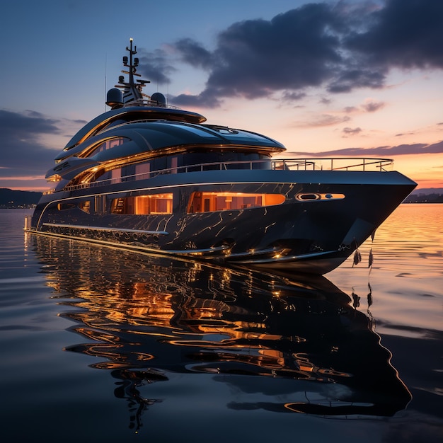 yacht arafed in acqua al tramonto con un ai generativo di riflessione