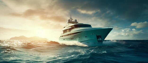 yacht arafed nell'oceano con un tramonto sullo sfondo generativo ai