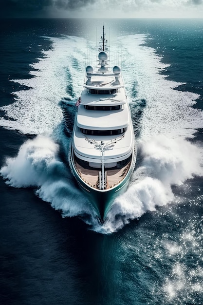 Yacht bianco di lusso sull'acqua blu del mare in estate durante un viaggio Vista dall'alto IA generativa