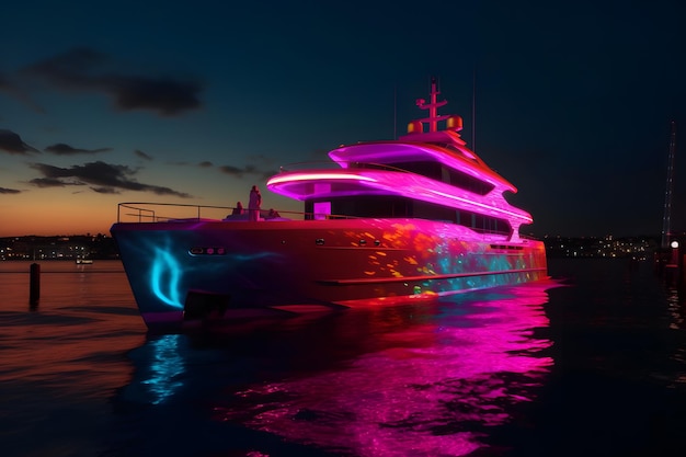 Yacht con illuminazione al neon Rete neurale AI generata