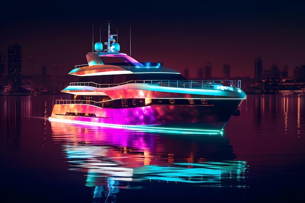 Yacht con illuminazione al neon Rete neurale AI generata