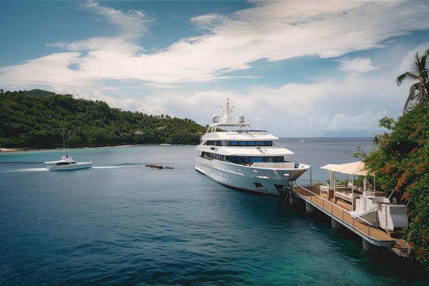 Yacht di lusso attraccato al resort di lusso con vista sul paesaggio tropicale circostante