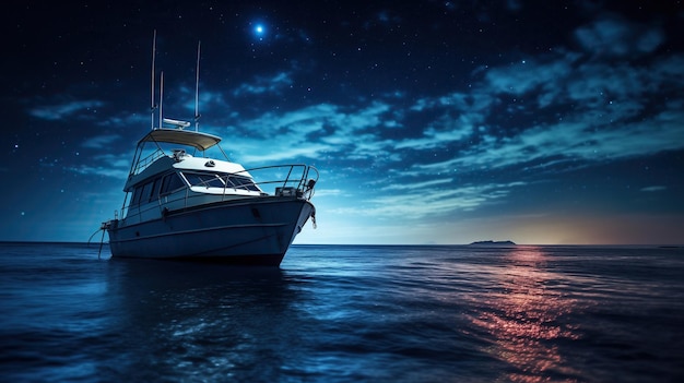 yacht di lusso che naviga attraverso la vasta distesa dell'oceano di notte