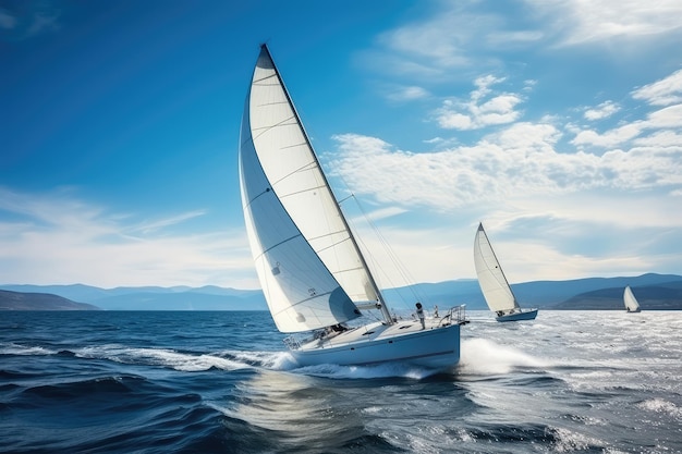 Yacht di lusso in mare Vela Regata Sport a vela nelle onde oceaniche Velocità e libertà in mare Illustrazione generativa di IA