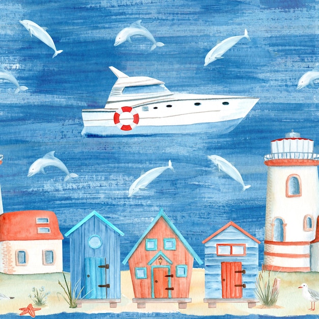 Yacht dolphin plank cabins and lighthouse watercolor seamless illustration on blue Hand painted art perfect for summerthemed fabric beachwear home decor branding for coastal boutiques or stationary