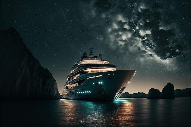 Yacht sul mare di notte grandangolare