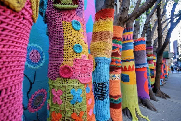 Yarnbombing Trees Benches Maglieria Street art Crochet colorato in City Street