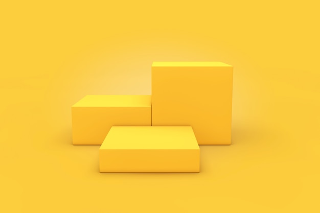 Yellow Cubes Products Stage piedistallo su sfondo giallo. Rendering 3D