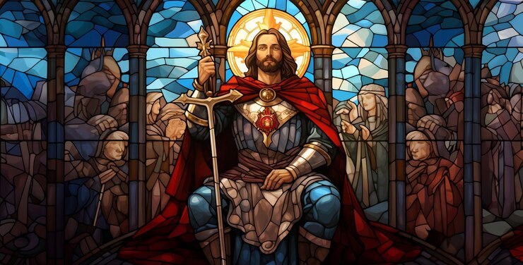 Yesus gaya seni kaca patri dalam wallpaper HD baju besi ksatria templar yang dihasilkan oleh AI