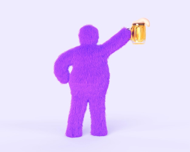 Yeti con mano alzata e boccale di birra in vetro con rendering 3d di schiuma Personaggio dei cartoni animati di Bigfoot uomo peloso in costume soffice per la festa della birra in pub o bar mostro divertente con bevanda alcolica