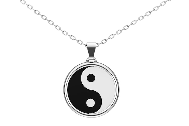 Yin Yang Simbolo di armonia ed equilibrio Coulomb d'argento su sfondo bianco. Rendering 3D.