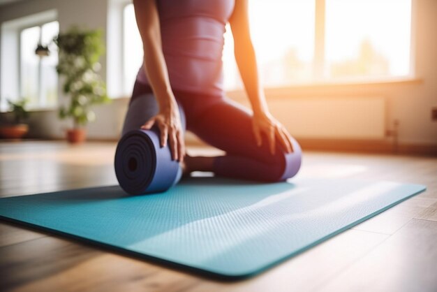 Yoga a casa stile di vita attivo donna rotolamento tappetino per l'esercizio in salotto
