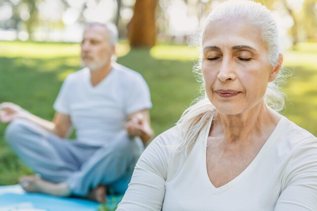 Yoga al parco Primo piano di coppia senior seduta in posa di loto sull'erba verde in calma