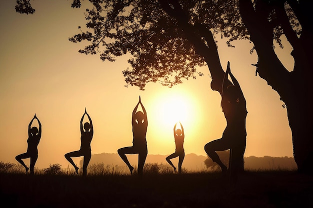 Yoga al tramonto con il sole che tramonta dietro di loro