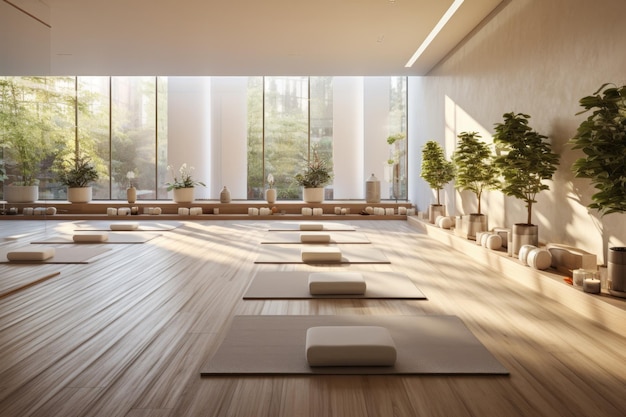 Yoga con tappetino sdraiato sul pavimento di legno in uno studio di yoga AI generativa