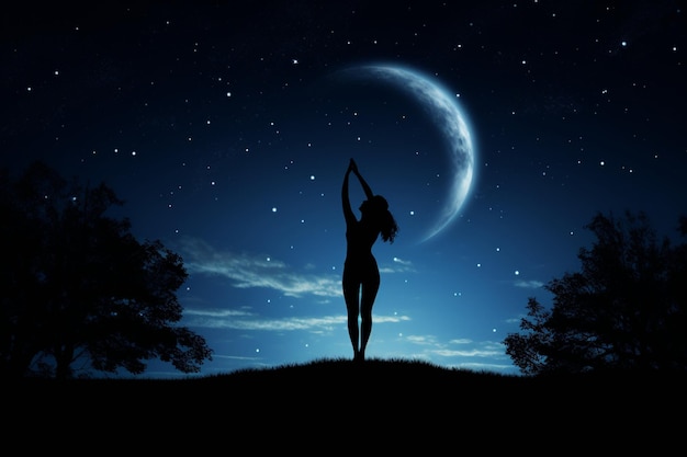 Yoga donna corpo posa silhouette su luna notte sly meditazione esercizio