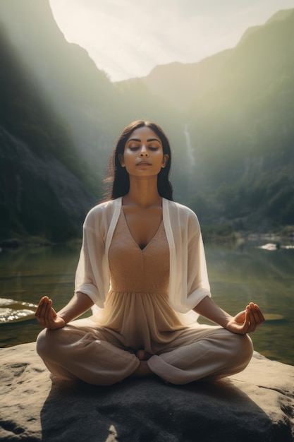 Yoga in montagna Giovane bella donna che medita in montagna