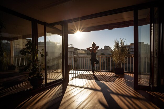 yoga mattutino sul balcone luci e ombre