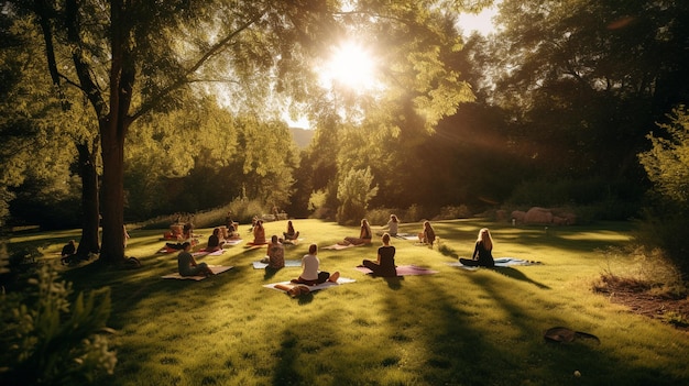 Yoga nel parco con il sole che splende attraverso gli alberi