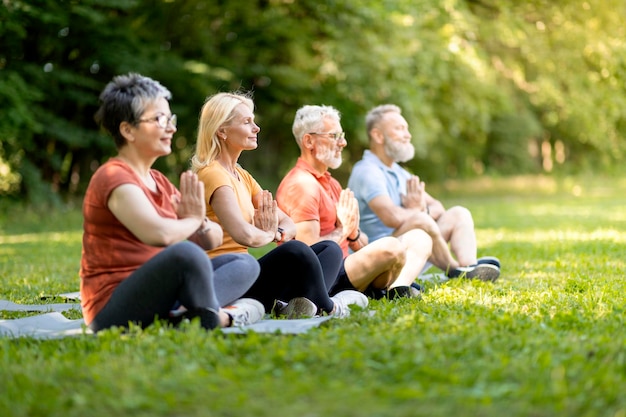 Yoga per anziani gruppo di persone mature che meditano insieme all'aperto