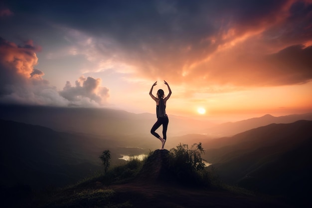 Yoga sulla cima della montagna al tramonto silhouette donna sullo sfondo del cielo IA generativa