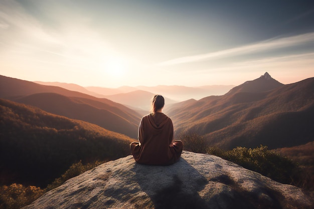 yoga sulla montagna donna che ha un tempo di relax ai generato