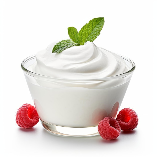 Yoghurt schiumoso con lamponi e menta su sfondo bianco