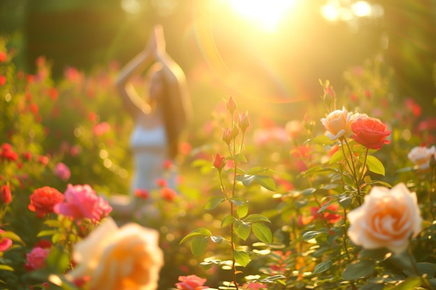 Yogi con le mani di preghiera in un giardino di rose illuminato dal sole