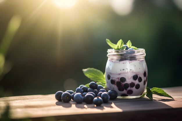 Yogurt al mirtillo in un barattolo su un tavolo di legno fuori nel villaggio sotto la luce solare intensa spazio libero per il testo IA generativa