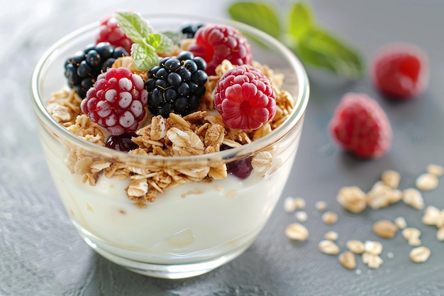 Yogurt con bacche e muesli per la colazione in ciotola sullo sfondo di lbue