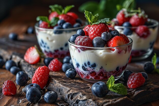 Yogurt con bacche fresche e foglie di menta selettiva