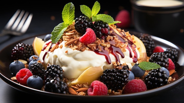 Yogurt con bacche fresche e noci in una ciotola nera sul tavolo deliziosa colazione o spuntino sano