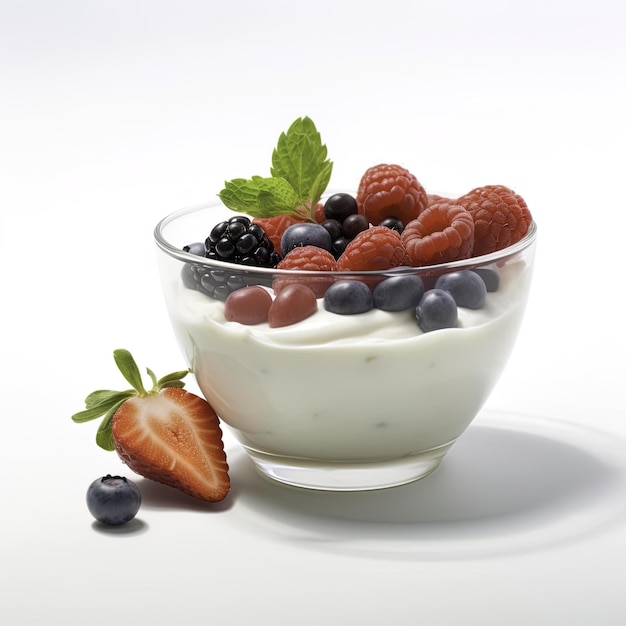 yogurt con bacche su uno sfondo bianco