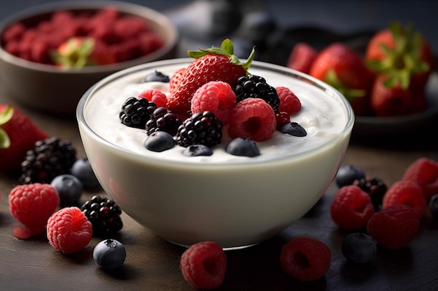 Yogurt con frutti di bosco freschi in una ciotola di vetro sulla tavola di legno