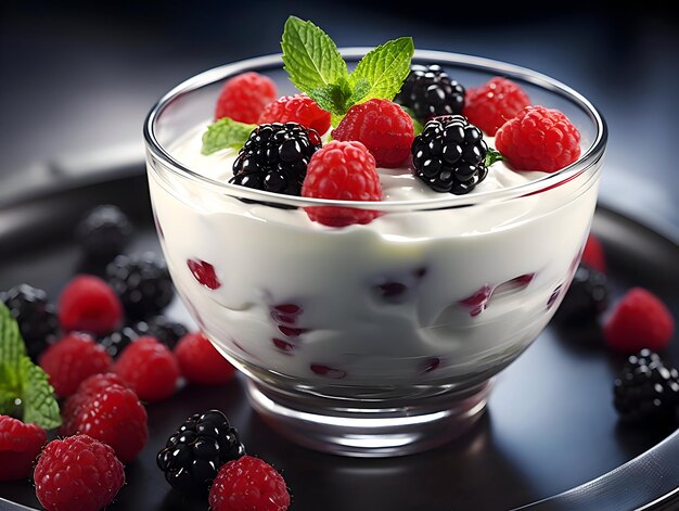 Yogurt con ghiaccio in una ciotola di vetro con frutti di bosco Alta qualità