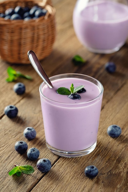 Yogurt con mirtilli. Yogurt da colazione fresco fatto in casa con mirtilli e menta