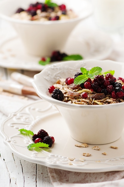 Yogurt con muesli e frutti di bosco in una ciotola