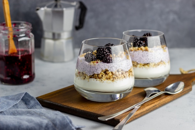 Yogurt con muesli, semi di chia e more