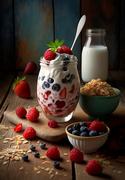 Yogurt con una miscela di frutti di bosco fragole e muesli Generative AI