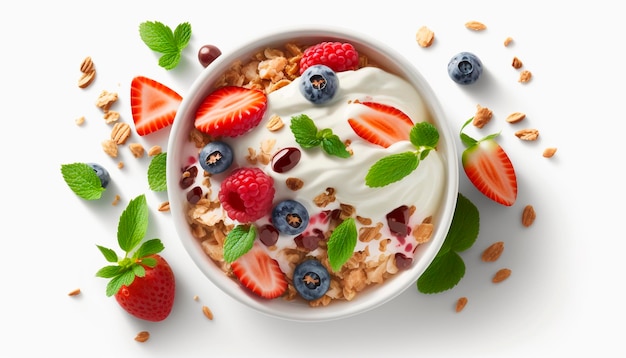 Yogurt con una miscela di frutti di bosco fragole e muesli isolato su sfondo bianco IA generativa