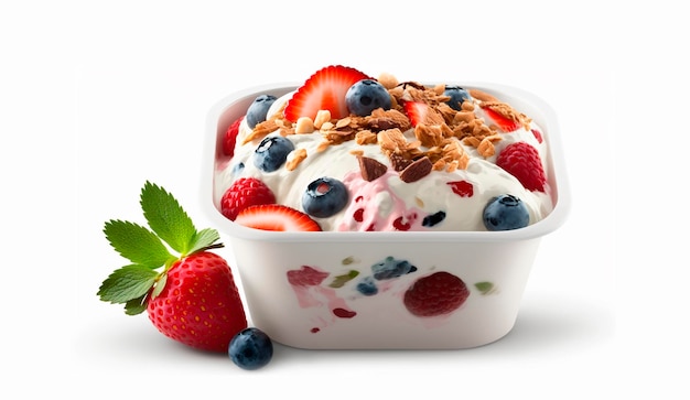 Yogurt con una miscela di frutti di bosco fragole e muesli isolato su sfondo bianco IA generativa