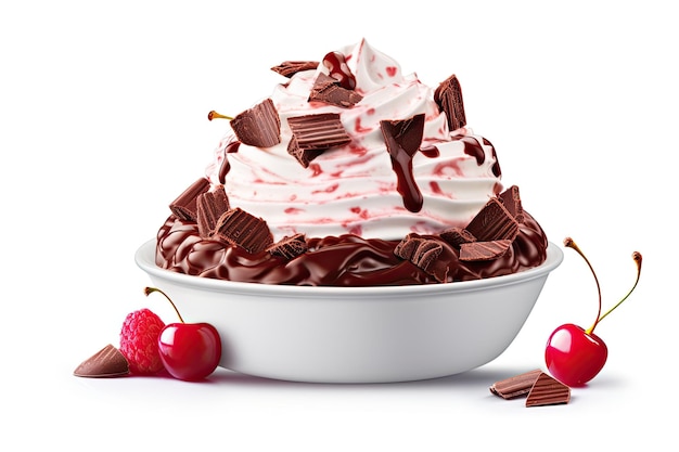 Yogurt dolce e fragola al cioccolato con frutti di bosco su sfondo bianco