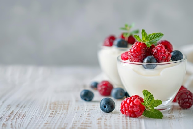 Yogurt fresco con bacche e menta miste su una tavola rustica