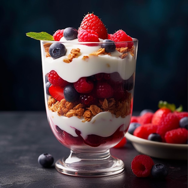 Yogurt greco con frutti di bosco freschi e muesli in vetro sul tavolo di legno