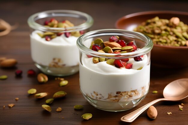 Yogurt greco con pistacchi e mirtilli secchi in barattoli di vetro