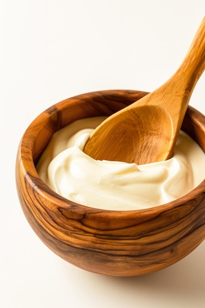 Yogurt gustoso in una ciotola di legno isolata su uno sfondo bianco