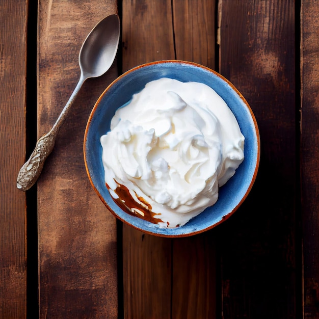 Yogurt in ciotola sulla vista estetica del piano d'appoggio